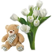 Букет тюльпанов и Мишка — Букеты цветов заказать с доставкой в KievFlower.  Артикул: 0932