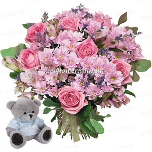 Bouquet \"Romance\" + Teddy Bear - Roses order with delivery in KievFlower. Reference: 55587