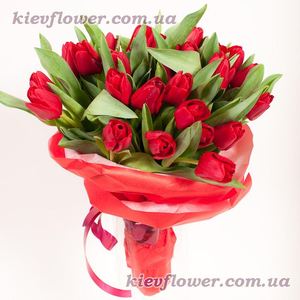 25 червоних тюльпанів — Букети квітів купити з доставкою в KievFlower.  Артикул: 1210