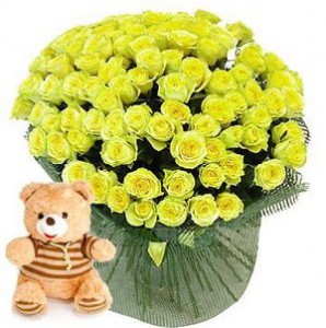 75 роз "Gold" + Мишка в подарок!!! — Букеты цветов заказать с доставкой в KievFlower.  Артикул: 0481