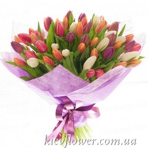 Микс из 75 разноцветных тюльпанов — Букеты цветов заказать с доставкой в KievFlower.  Артикул: 0804