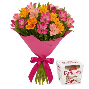 alstroemeria bouquet Ukraine, flowers for mother, delivery %city%, gift from son, flowers with Rafaello